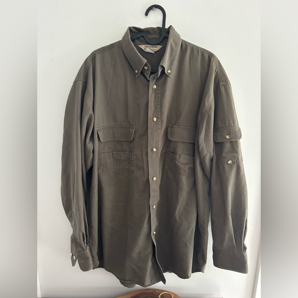 Men’s Tough Duck Long Sleeve Button Up Shirt Olive size L